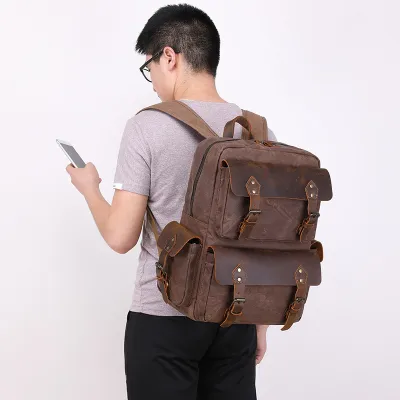 Retro Crazy Horse Leather & Wax Canvas Travel Backpack